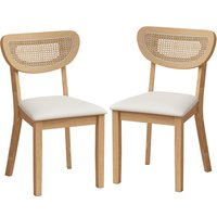 HOMCOM 2er-Set Esszimmerstühle, Gepolsterte Küchenstühle in Leinenoptik, Rückenlehne in Rattan-Optik und Hevea-Beine, Moderner Stil, für Wohnzimmer, Schlafzimme