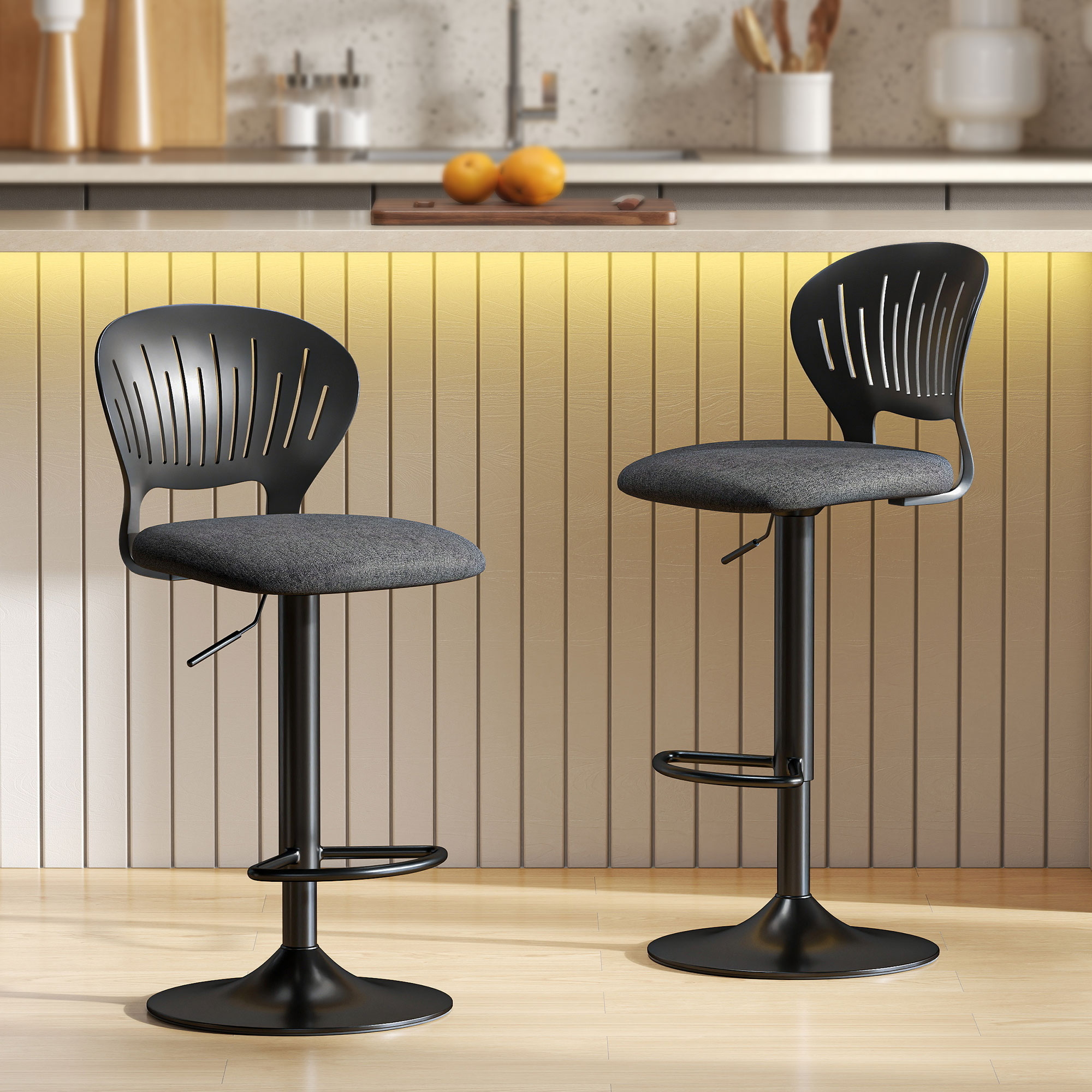 HOMCOM 2er-Set hohe drehbare Barhocker 360°, höhenverstellbar 84-105 cm, hohle Rückenlehne, Fußstütze, für Esszimmer, Theke, Schwarz Aosom – Bild 2 von 2