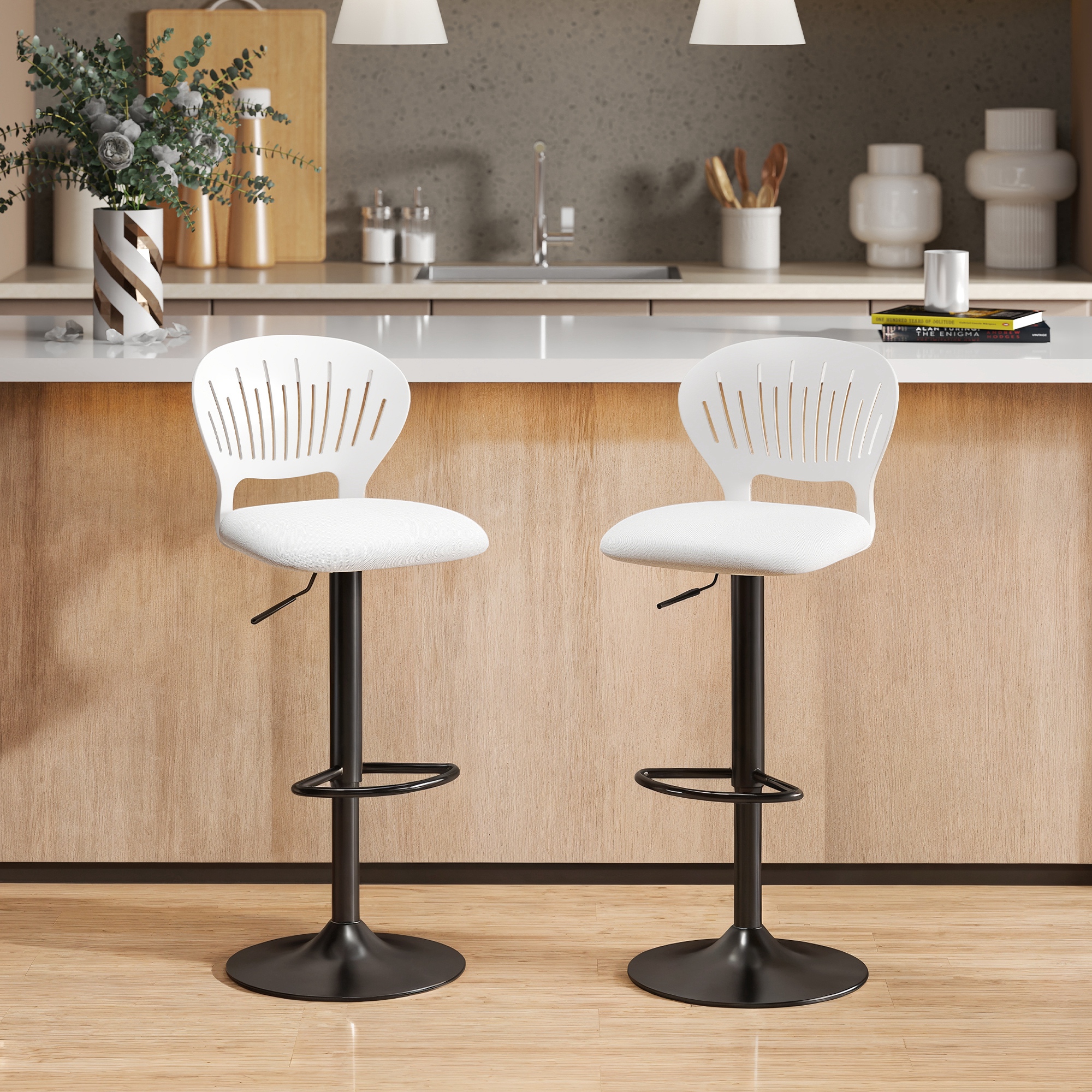 HOMCOM 2er-Set hohe Küchenhocker, 360° drehbar, höhenverstellbar 84-105 cm, gelochte Rückenlehne, Fußstütze, für Esszimmer, Tresen, Weiß Aosom – Bild 2 von 2