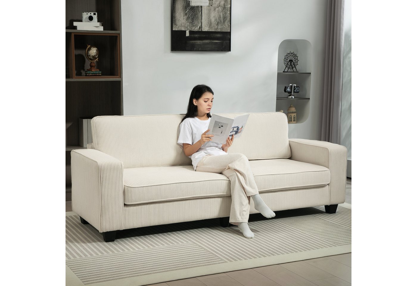 HOMCOM 3-Sitzer Couch mit Armlehnen, Rückenkissen, Wohnzimmersofa 1 Teile, für Wohnzimmer, Schlafzimmer 227 x 84 x 87 cm, Cremeweiß – Bild 2 von 5