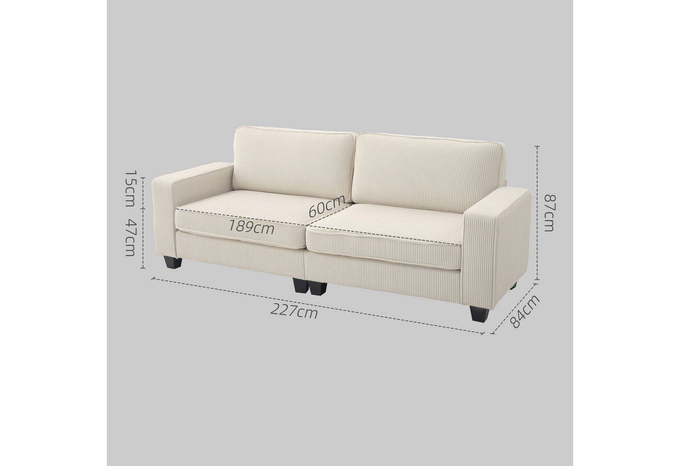 HOMCOM 3-Sitzer Couch mit Armlehnen, Rückenkissen, Wohnzimmersofa 1 Teile, für Wohnzimmer, Schlafzimmer 227 x 84 x 87 cm, Cremeweiß – Bild 3 von 5