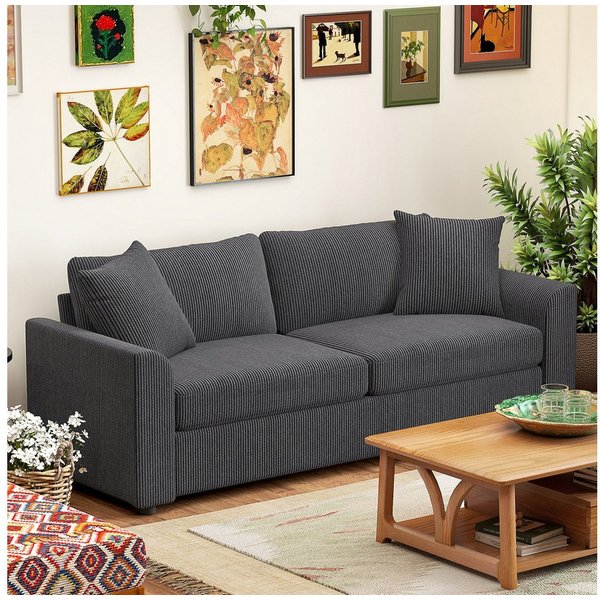 HOMCOM 3-Sitzer Sofa, mit Armlehnen, Zierkissen, Polstersofa mit Cordbezug, Couch 1 Teile, für Wohnzimmer, Schlafzimmer, Dunkelgrau