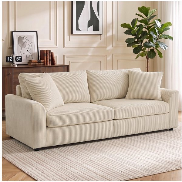 HOMCOM 3-Sitzer Sofa, mit Armlehnen, Zierkissen, Polstersofa mit Cordbezug, Couch 1 Teile, für Wohnzimmer, Schlafzimmer, Cremeweiß