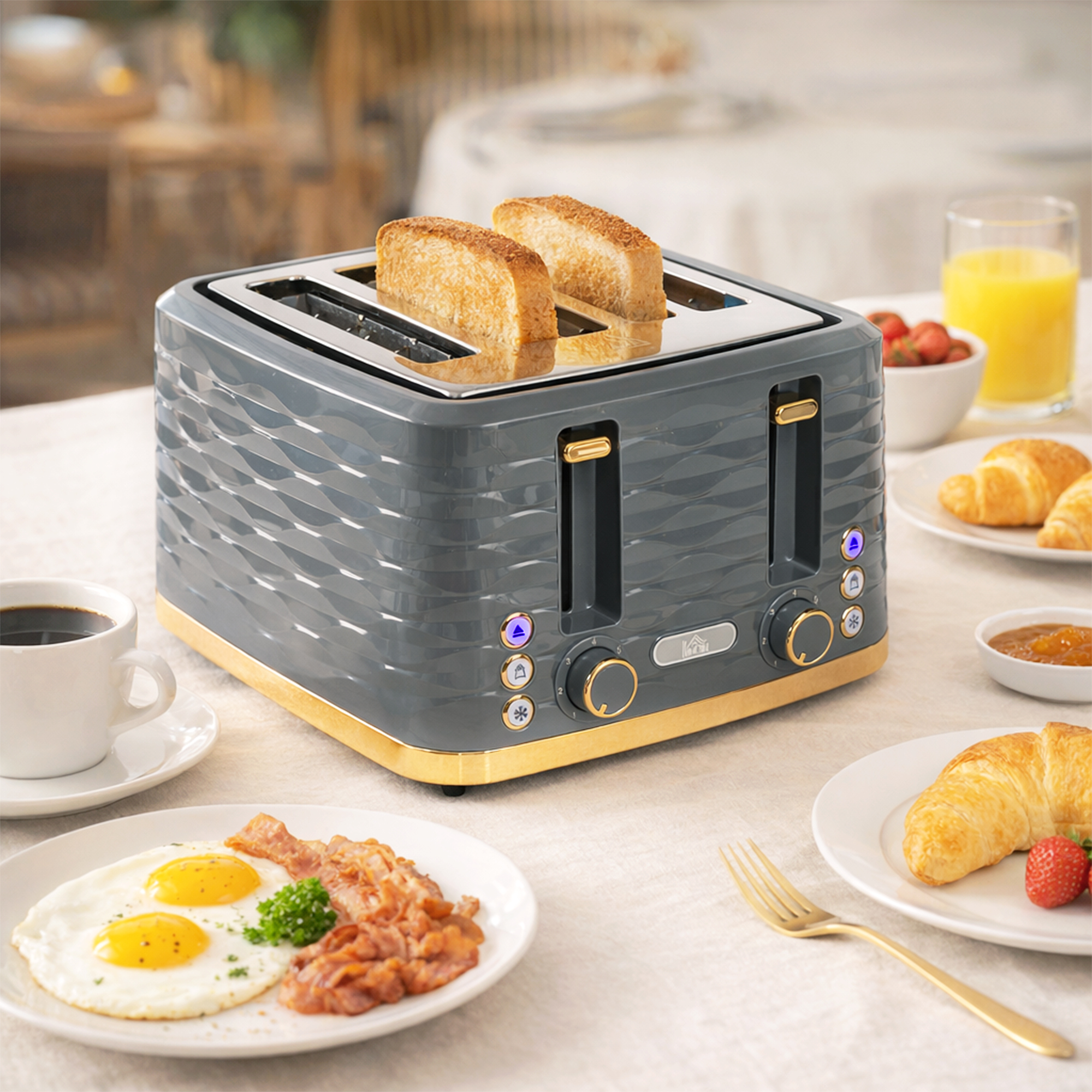 HOMCOM 4-Scheiben-Toaster mit 7 Bräunungsstufen, High-Lift, Aufwärm-/Auftau-/Abbruchs-Funktion, Selbstzentrierung, Herausnehmbare Krümelschublade, Automatische  – Bild 2 von 2