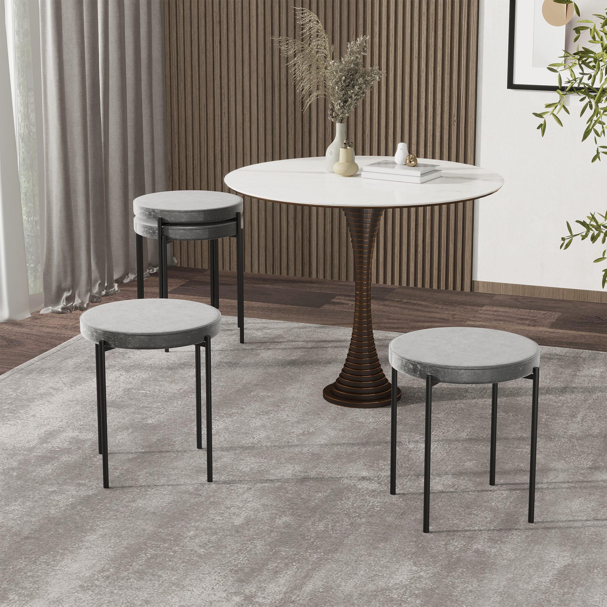 HOMCOM 4er-Set Barhocker ohne Lehne, Metallhocker, Küchenstuhl mit gepolstertem Sitz in Samtoptik, Grau Aosom.de – Bild 2 von 2