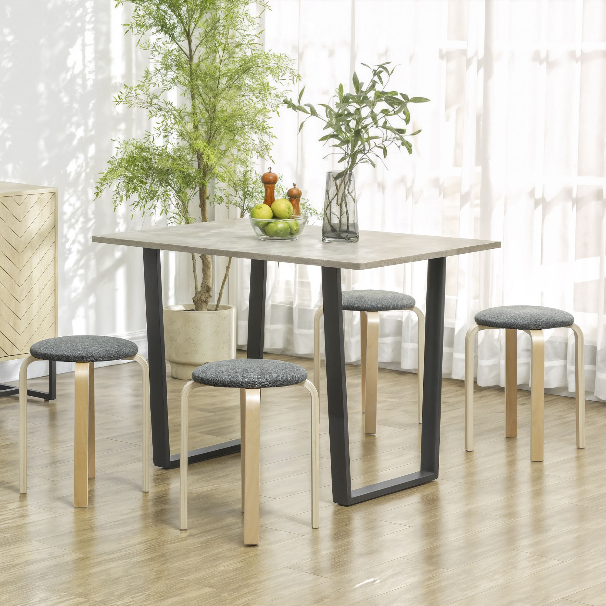 HOMCOM 4er Set Esszimmerhocker Stapelhocker Runde Hocker, Küchenhocker mit Leinenoptik, Polsterhocker für Esszimmer, Wohnzimmer, Küche, Grau Aosom – Bild 2 von 2