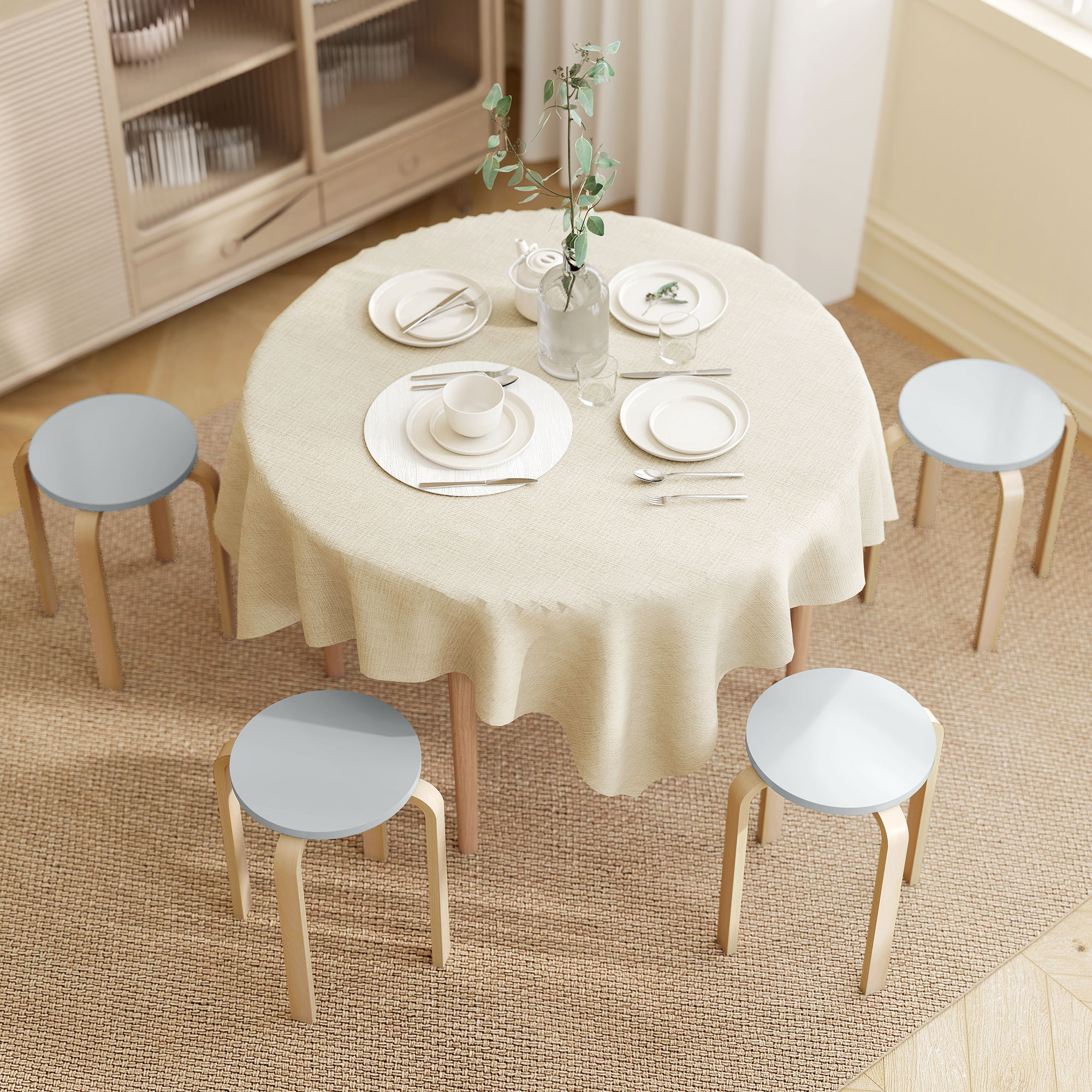 HOMCOM 4er Set Hocker Stapelbar Esszimmerhocker, Runde Kleiner Hocker, Küchenhocker für Esszimmer Wohnzimmer, 120 kg Belastbarkeit, Grau Aosom – Bild 2 von 2