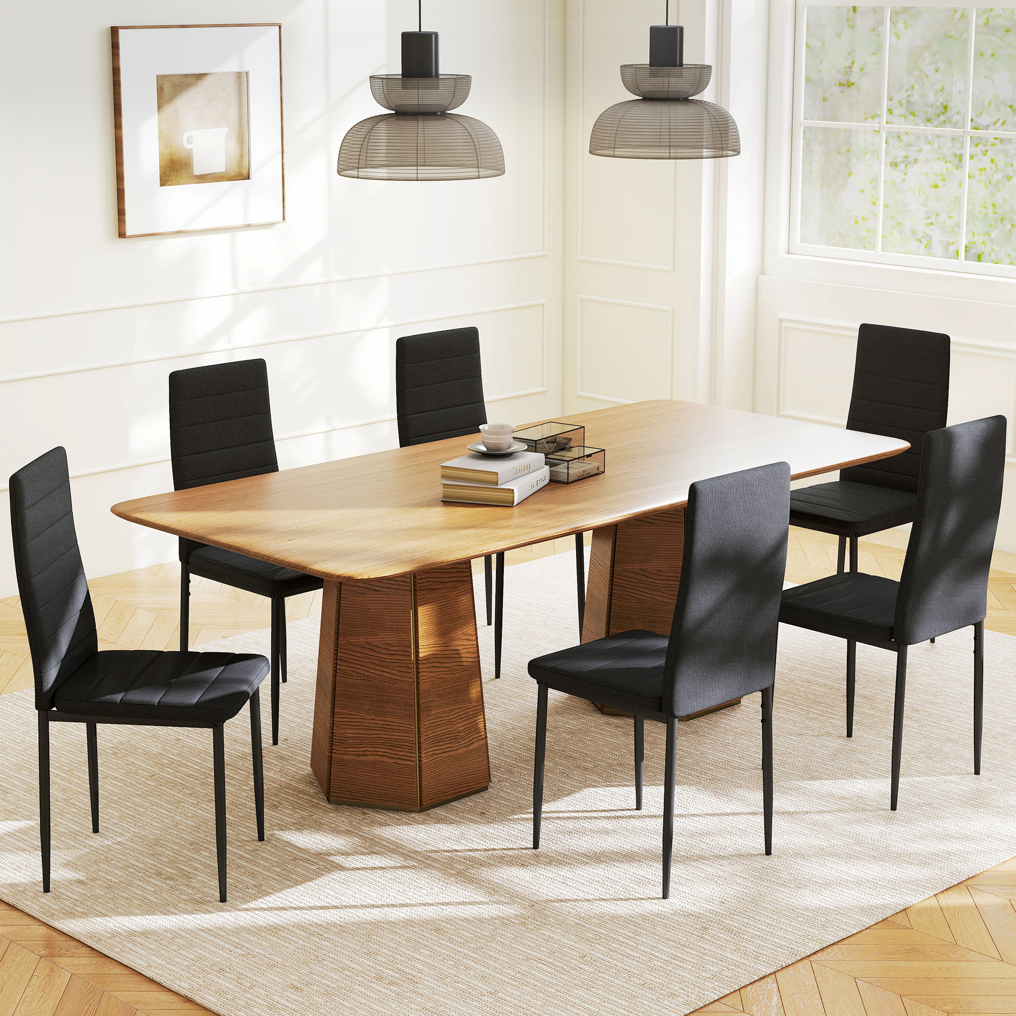 HOMCOM 6er-Set Moderne Esszimmerstühle, Küchenstühle mit Bezug in Kunstleinen, hoher Rückenlehne und Metallbeinen, Schwarz Aosom – Bild 2 von 2
