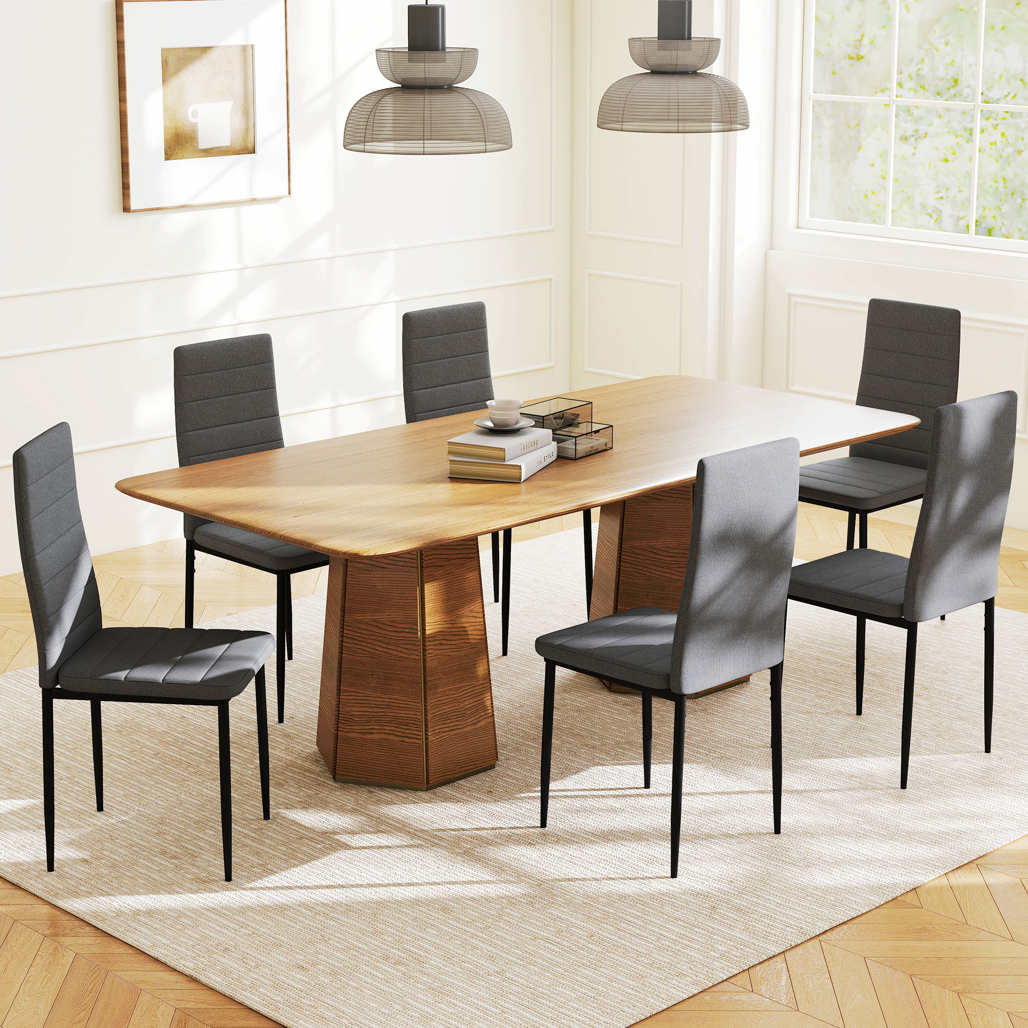 HOMCOM 6er-Set moderne Esszimmerstühle, gepolsterte Küchenstühle in Synthetik-Leinen mit hoher Rückenlehne und Metallbeinen, für Wohnzimmer, Grau Aosom – Bild 2 von 2