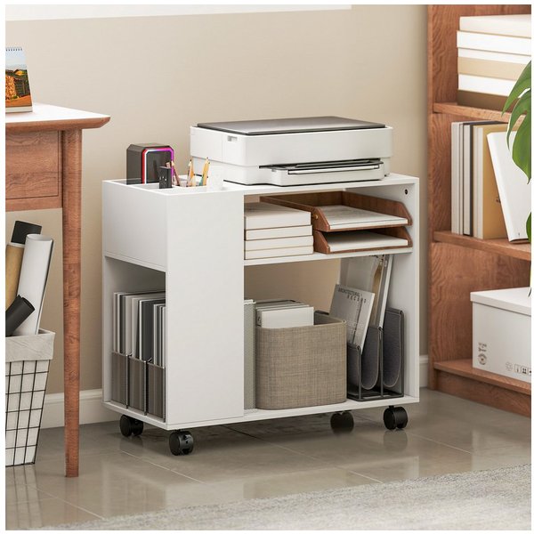 HOMCOM Aktenschrank Druckerständer, Druckerwagen, für Drucker, für Büro, Weiß (Druckertisch, 1-St., Schreibtisch Organizer) Mit Rollen und großem Stauraum