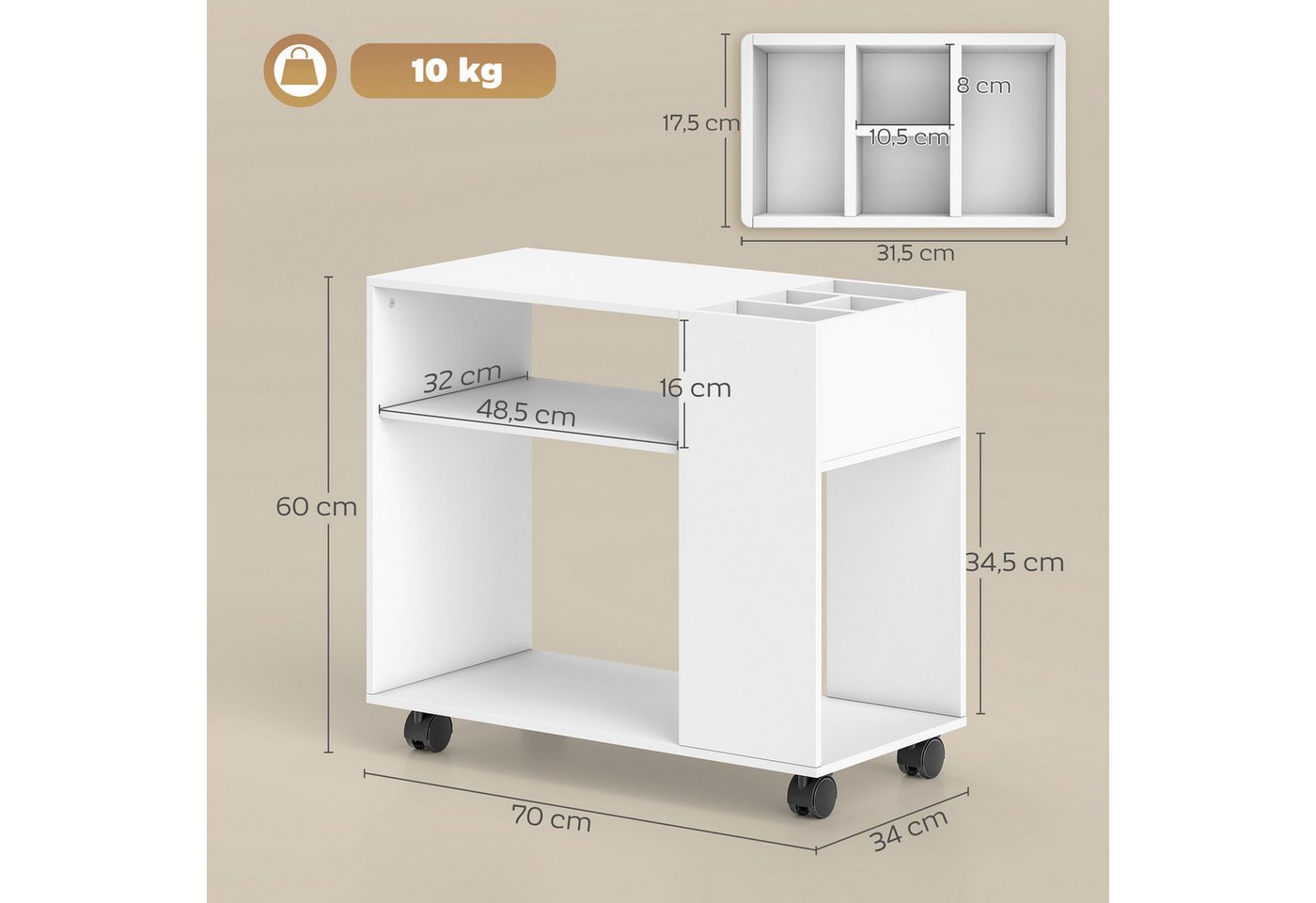 HOMCOM Aktenschrank Druckerständer, Druckerwagen, für Drucker, für Büro, Weiß (Druckertisch, 1-St., Schreibtisch Organizer) Mit Rollen und großem Stauraum – Bild 3 von 5