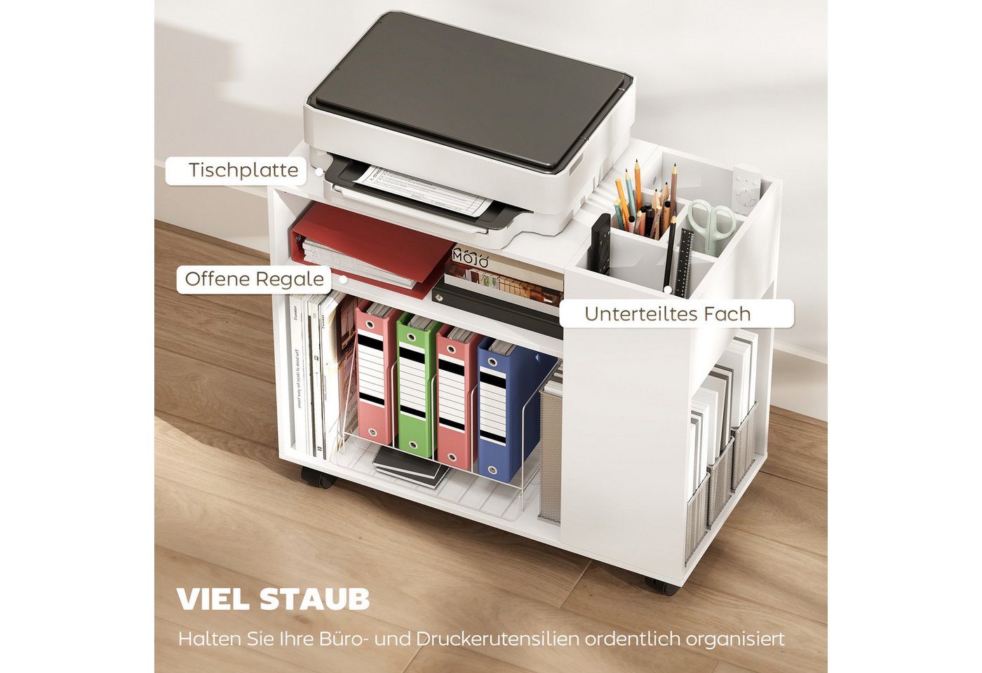 HOMCOM Aktenschrank Druckerständer, Druckerwagen, für Drucker, für Büro, Weiß (Druckertisch, 1-St., Schreibtisch Organizer) Mit Rollen und großem Stauraum – Bild 4 von 5