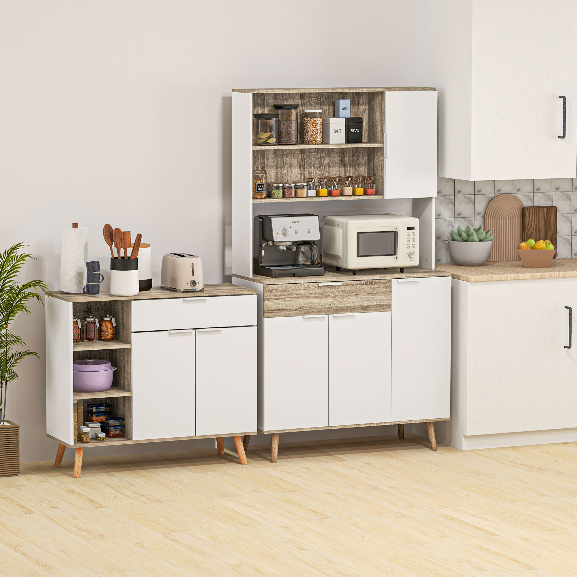 HOMCOM Aufbewahrungsmöbel, Küchenbuffet, Kommode, verstellbare Regale, 1 Schublade 1 Doppeltürschrank, Beine aus Massivholz, 95 x 35 x 85 cm, weiß Aosom – Bild 2 von 2