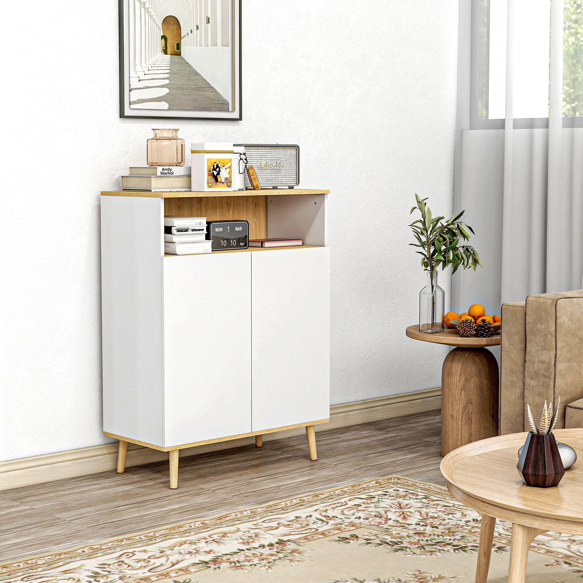 HOMCOM Aufbewahrungsmöbel, Sideboard Küche, mit verstellbarem Regal, 2-türiger Schrank, 80 x 38 x 102 cm, skandinavisches Design, Massivholzbeine, Weiß und Holz – Bild 2 von 2