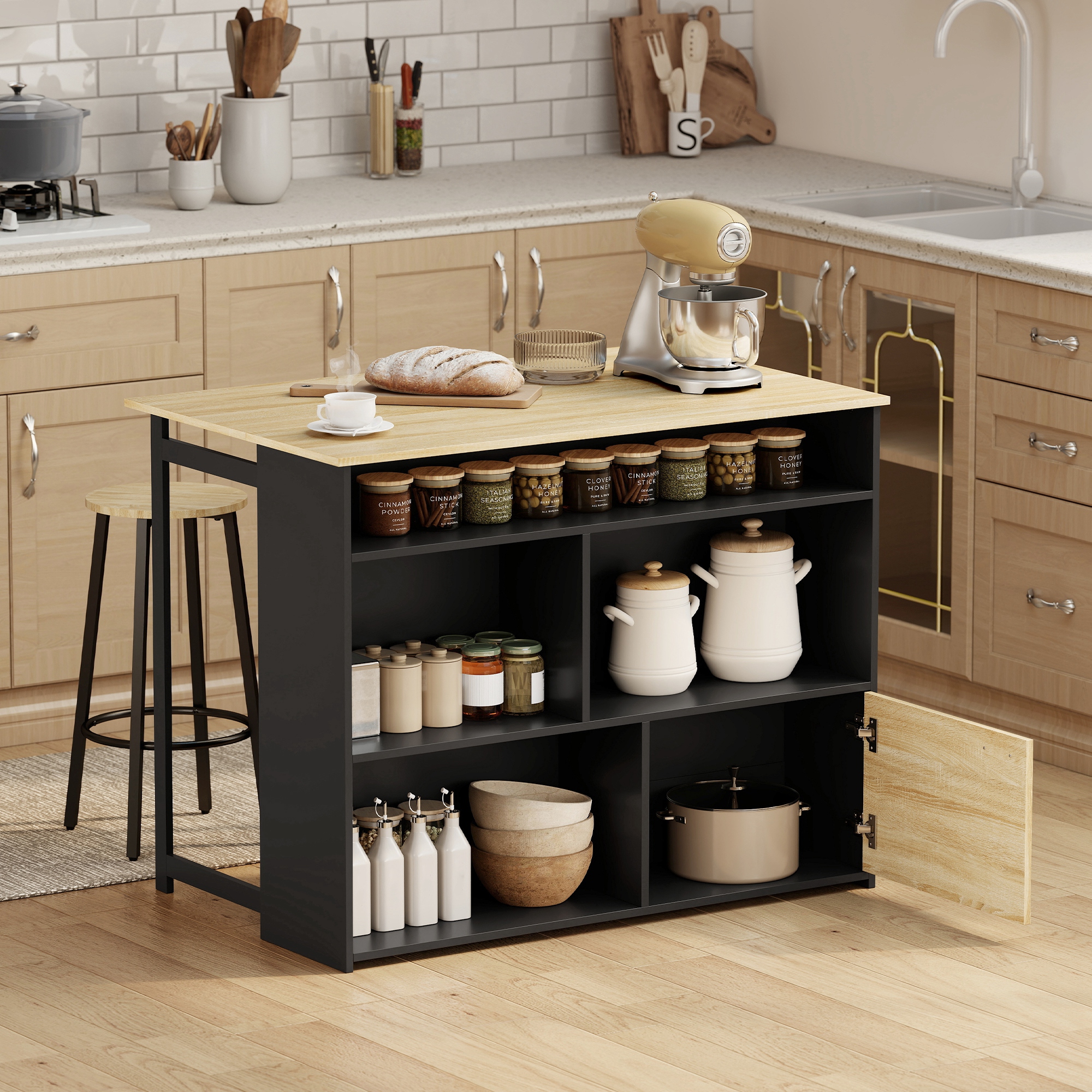 HOMCOM Ausziehbarer Bartisch mit Klappe, Stehtisch für Küche, 1 Türschrank und 4 offene Fächer, modernes Design, für kleine Räume, Esszimmer, Wohnzimmer, 116 x  – Bild 2 von 2