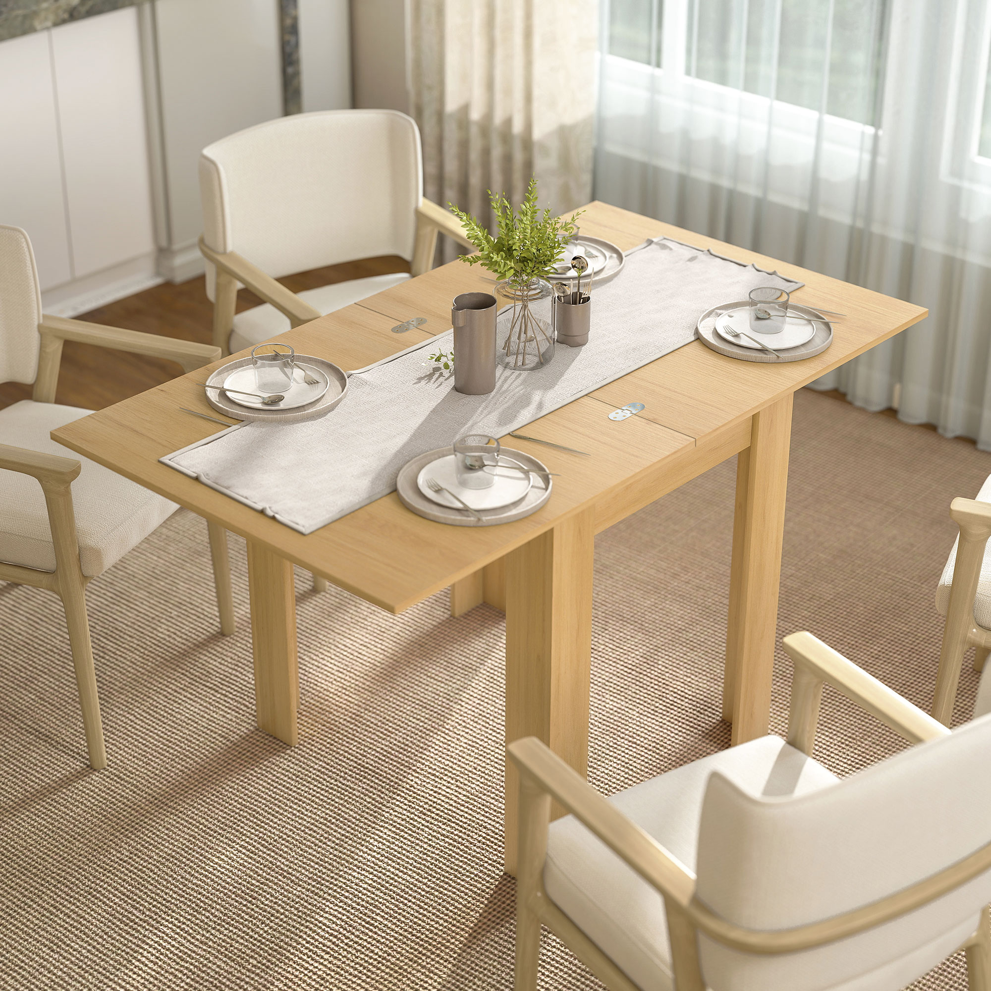 HOMCOM Ausziehbarer Esstisch, 70-140x80 cm, Ausziehbarer Küchentisch, für 4-6 Personen, mit PU-Griff und Filzgleitern, für kleine Räume, Wohnzimmer, Naturholz A – Bild 2 von 2