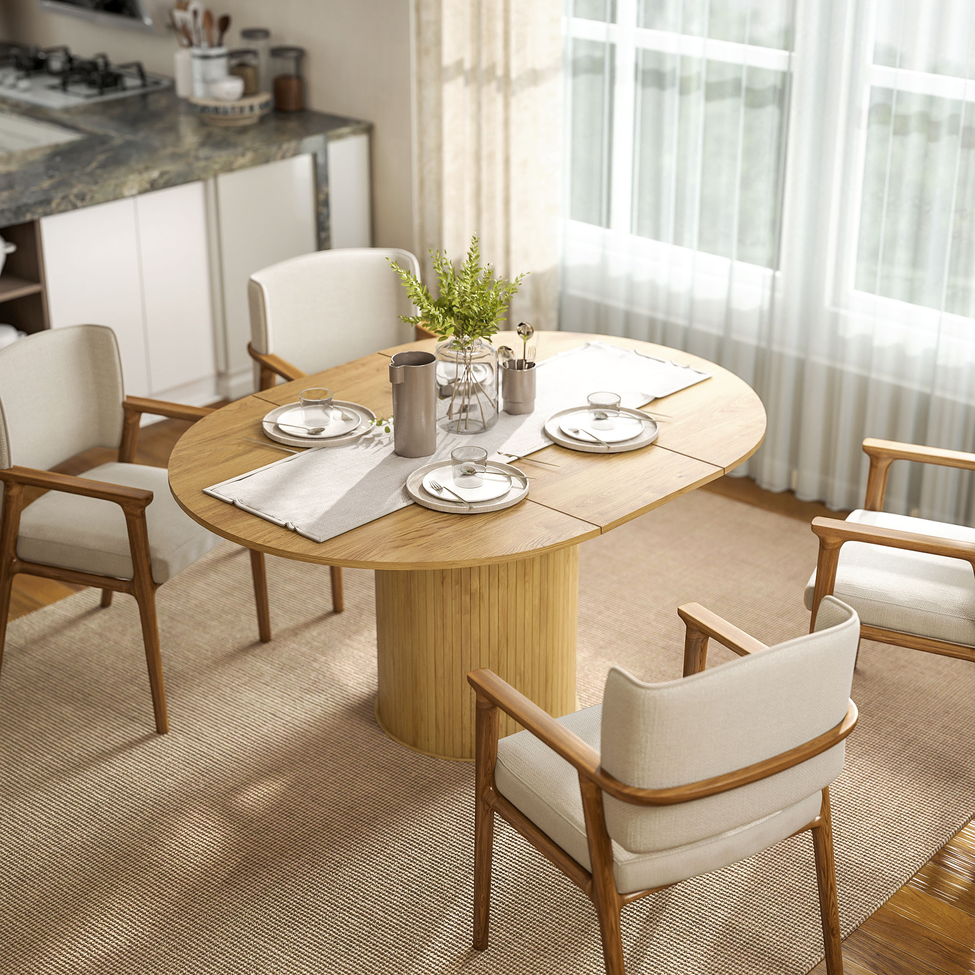 HOMCOM Ausziehbarer Esstisch, Küchentisch, für 6 bis 8 Personen, für kleine Räume, Landhausstil, 110-150 x 75 cm, Naturholzoptik Aosom – Bild 2 von 2