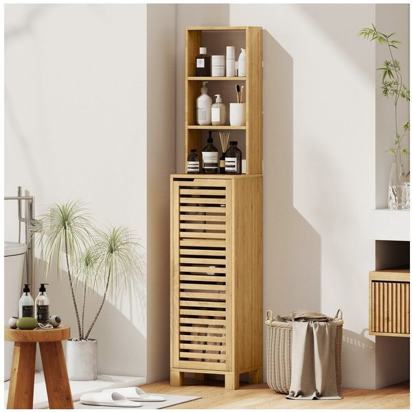 HOMCOM Badkommode Badezimmerschrank, Hochschrank mit 3 offenen Regalen, Lamellentür (Badezimmerschrank aus Bambus, 1 St., Badschrank), für Badezimmer, Wohnzimme