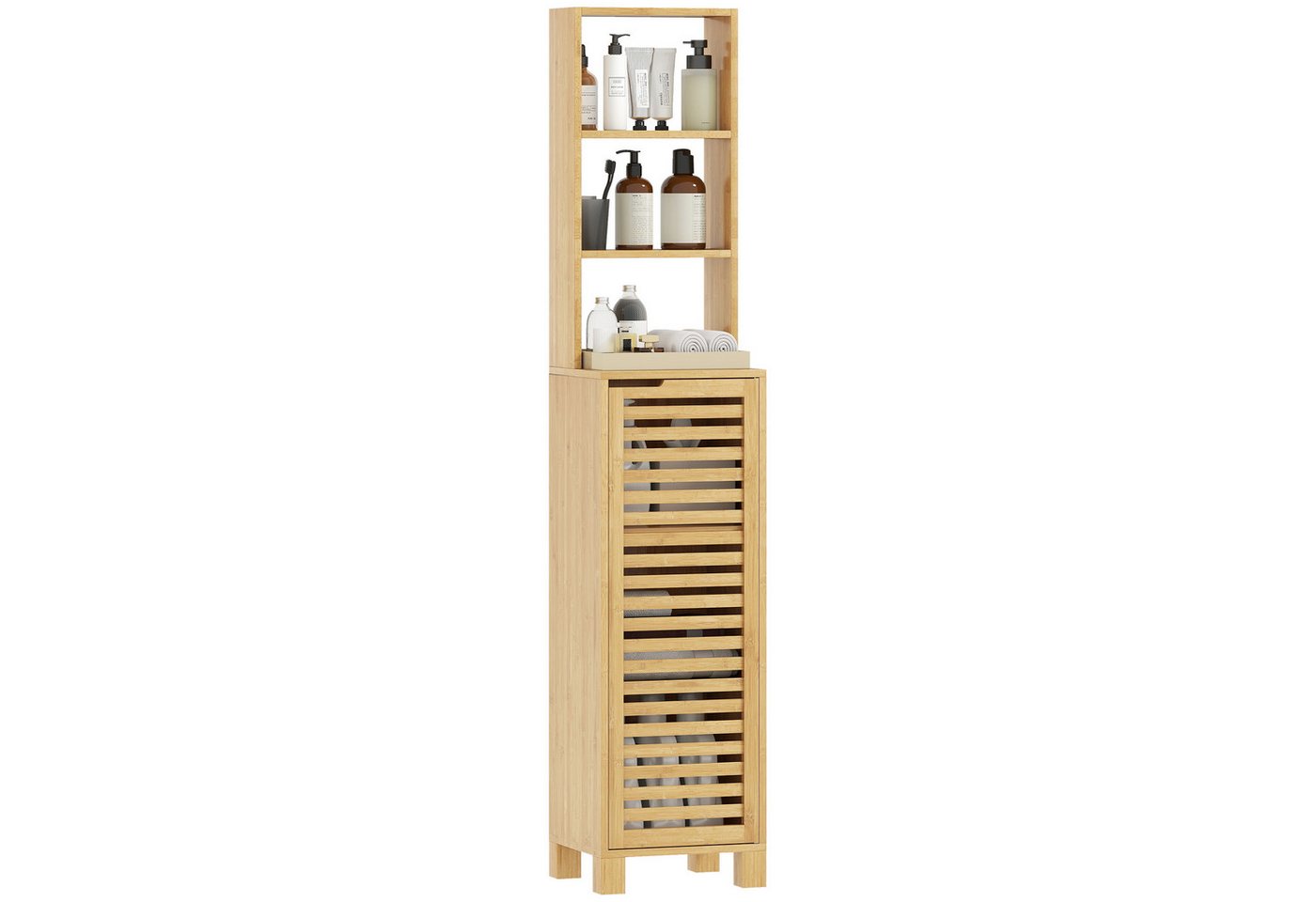 HOMCOM Badkommode Badezimmerschrank, Hochschrank mit 3 offenen Regalen, Lamellentür (Badezimmerschrank aus Bambus, 1 St., Badschrank), für Badezimmer, Wohnzimme – Bild 2 von 5