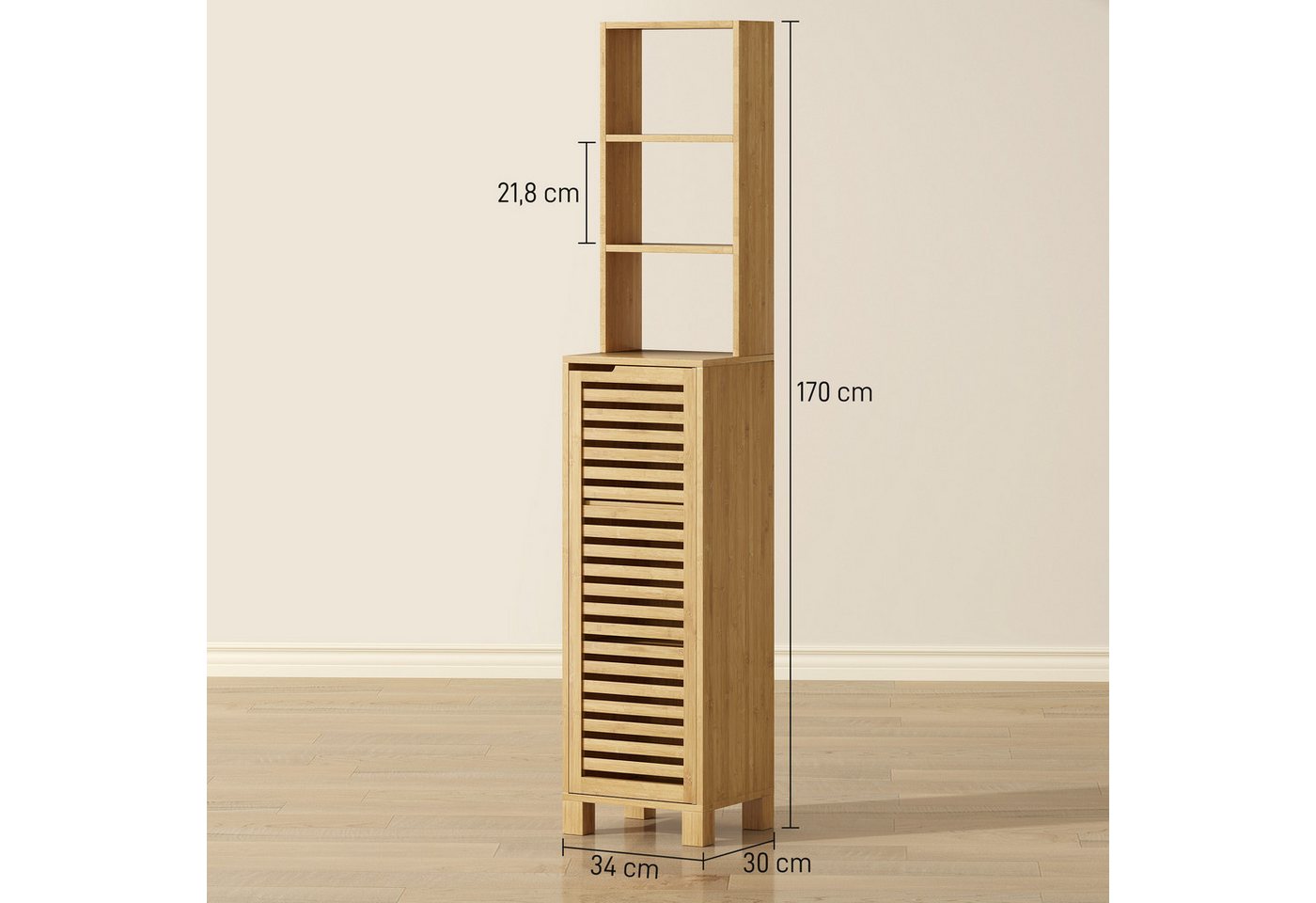 HOMCOM Badkommode Badezimmerschrank, Hochschrank mit 3 offenen Regalen, Lamellentür (Badezimmerschrank aus Bambus, 1 St., Badschrank), für Badezimmer, Wohnzimme – Bild 3 von 5