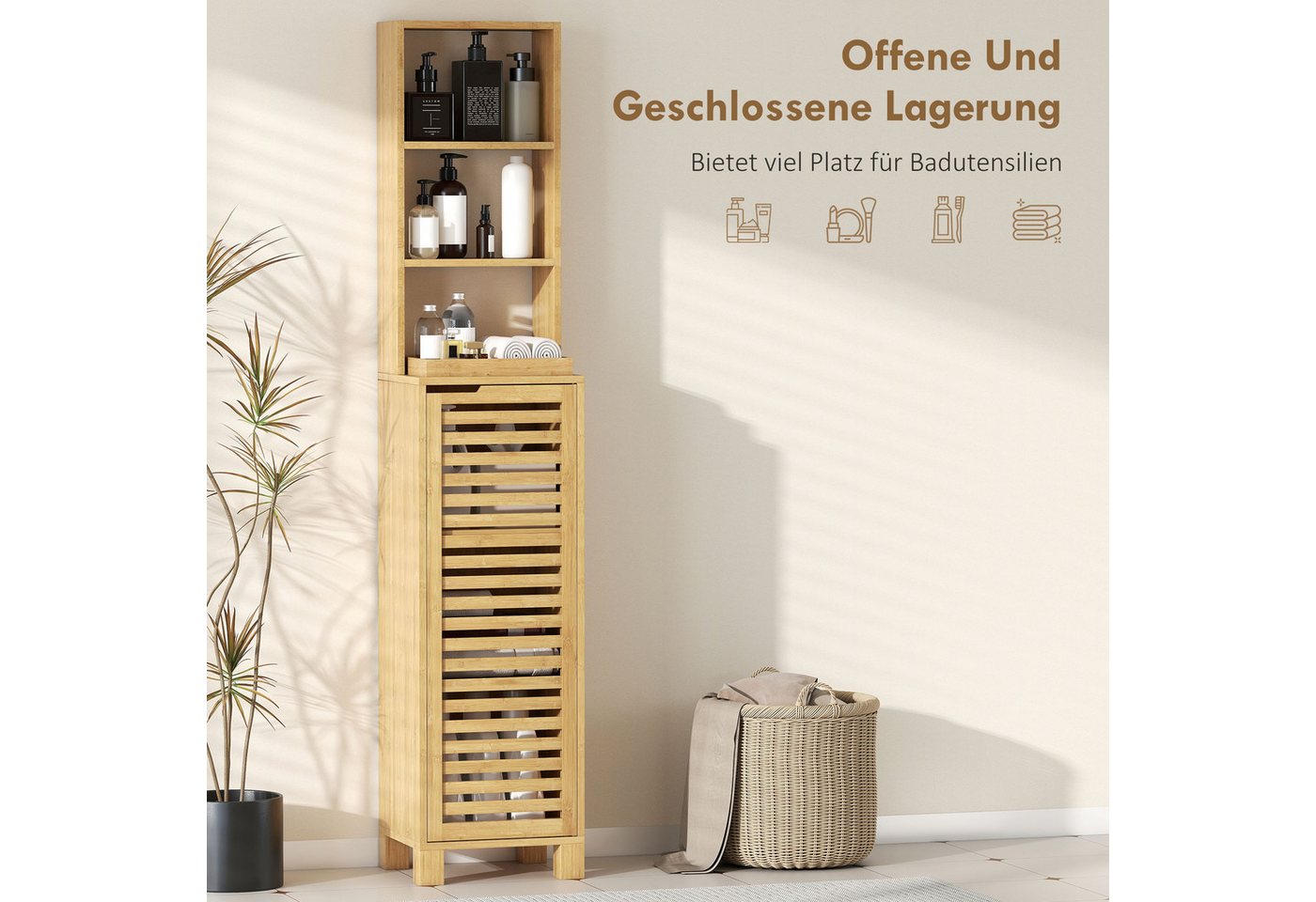 HOMCOM Badkommode Badezimmerschrank, Hochschrank mit 3 offenen Regalen, Lamellentür (Badezimmerschrank aus Bambus, 1 St., Badschrank), für Badezimmer, Wohnzimme – Bild 4 von 5
