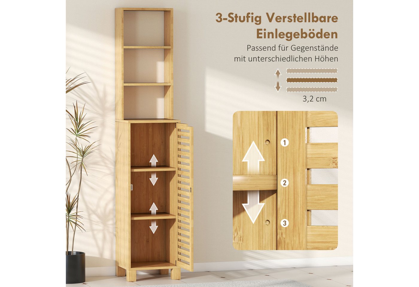 HOMCOM Badkommode Badezimmerschrank, Hochschrank mit 3 offenen Regalen, Lamellentür (Badezimmerschrank aus Bambus, 1 St., Badschrank), für Badezimmer, Wohnzimme – Bild 5 von 5