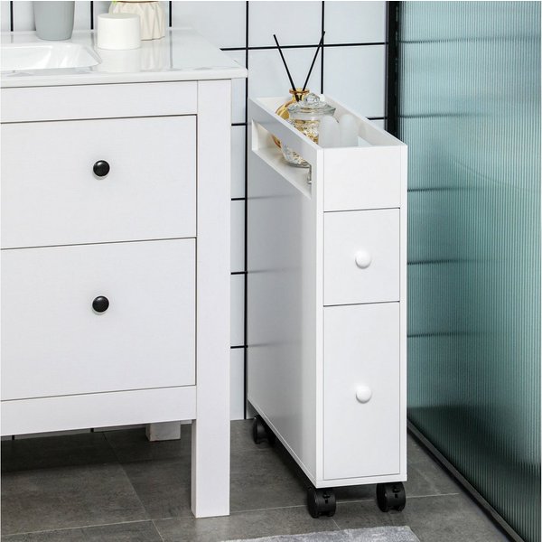 HOMCOM Badkommode Badezimmerschrank schmal mit Schublade auf Rollen, Badschrank (Badrollwagen, 1 St., Nischenschrank), für Bad, 16 x 49,5 x 66 cm, Weiß