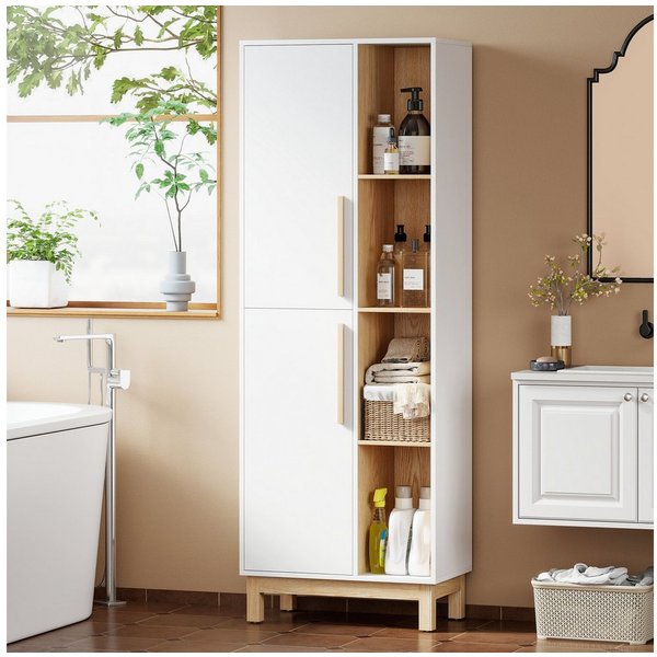 HOMCOM Badkommode Hochschrank, mit 2 Türen, verstellbaren Regalen, für Badezimmer (Badschrank, 1 St., Badezimmerschrank), für Wohnzimmer, Büro, Weiß+Naturholz