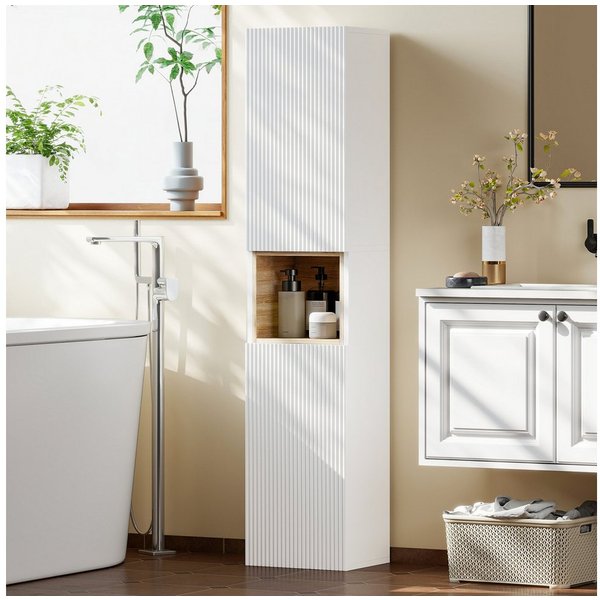 HOMCOM Badkommode Hochschrank 2 geriffelte Türen, offenes Fach, verstellbare Regale (Set, 1 St., 1 Badezimmerschrank), Schmal, Soft-Close