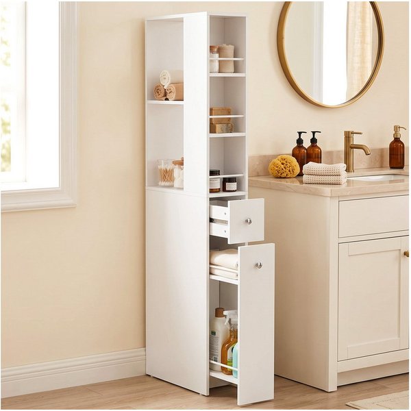HOMCOM Badkommode mit offenen Fächern und Schubladen (Set, 1 St., 1), Schmaler Nischenschrank mit Kippschutz