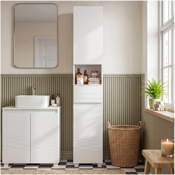 HOMCOM Badkommode Moderner Schrank mit Hochglanztüren (Set, 1 St., 1), Schmaler Hochschrank, verstellbare Einlegeböden