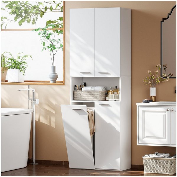 HOMCOM Badkommode Toilettenschrank mit Ausklappbarer Wäschekorb, offenes Fach (Badschrank, 1 St., Hochschrank), weißer Badezimmerschrank mit Soft-Close-Türen