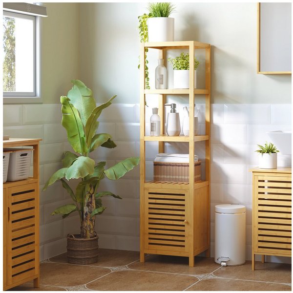 HOMCOM Badregal Badezimmerschrank schmal, Hochschrank mit 3 offenen Fächern, Aufbewahrungsschrank 1-tlg., Naturholz 36 x 33 x 140 cm