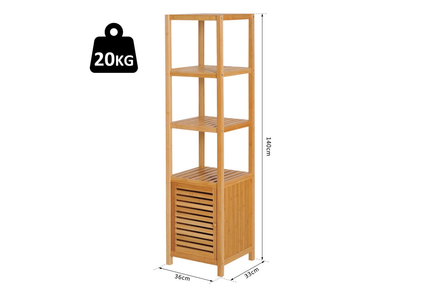 HOMCOM Badregal Badezimmerschrank schmal, Hochschrank mit 3 offenen Fächern, Aufbewahrungsschrank 1-tlg., Naturholz 36 x 33 x 140 cm – Bild 3 von 5