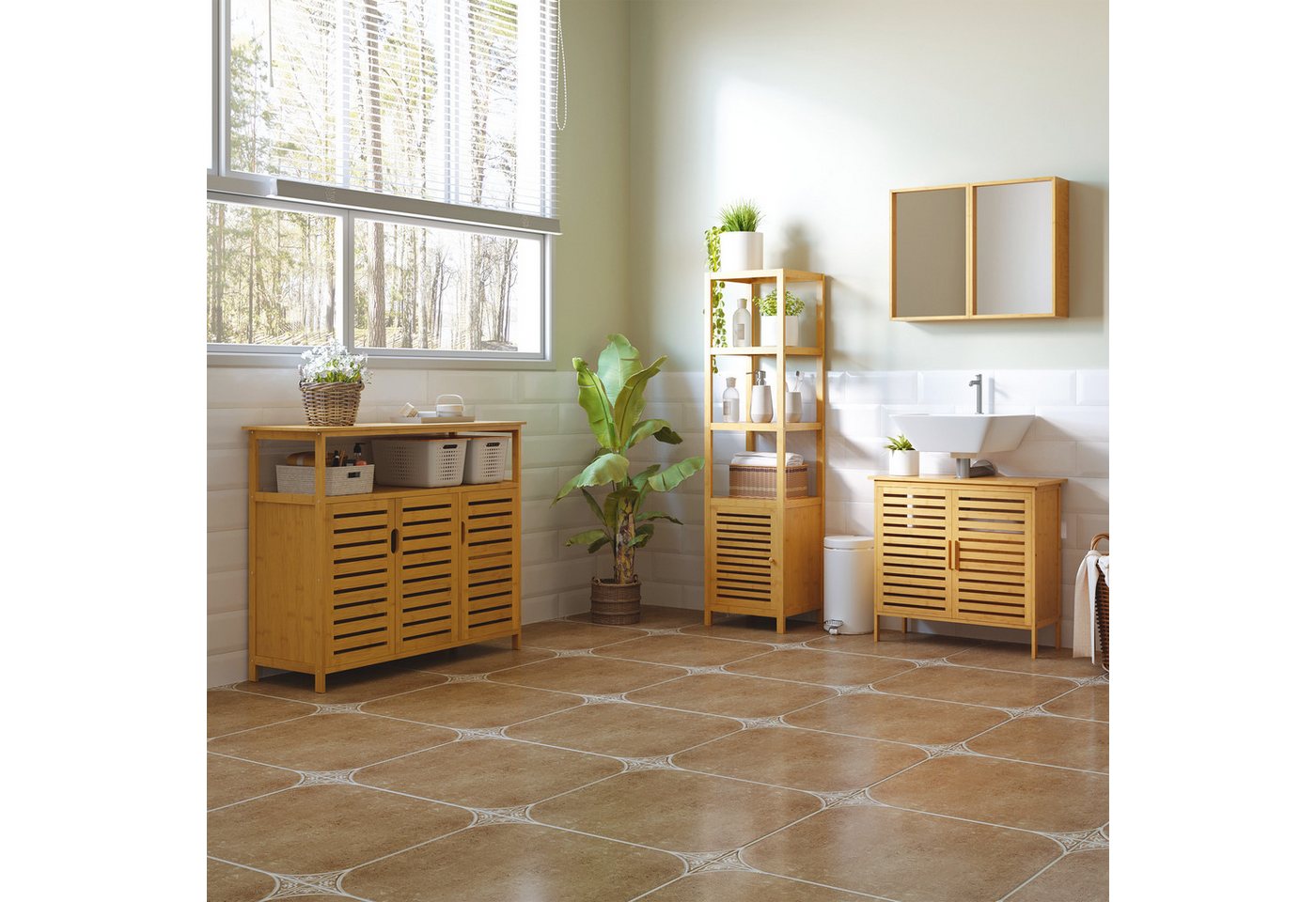HOMCOM Badregal Badezimmerschrank schmal, Hochschrank mit 3 offenen Fächern, Aufbewahrungsschrank 1-tlg., Naturholz 36 x 33 x 140 cm – Bild 4 von 5