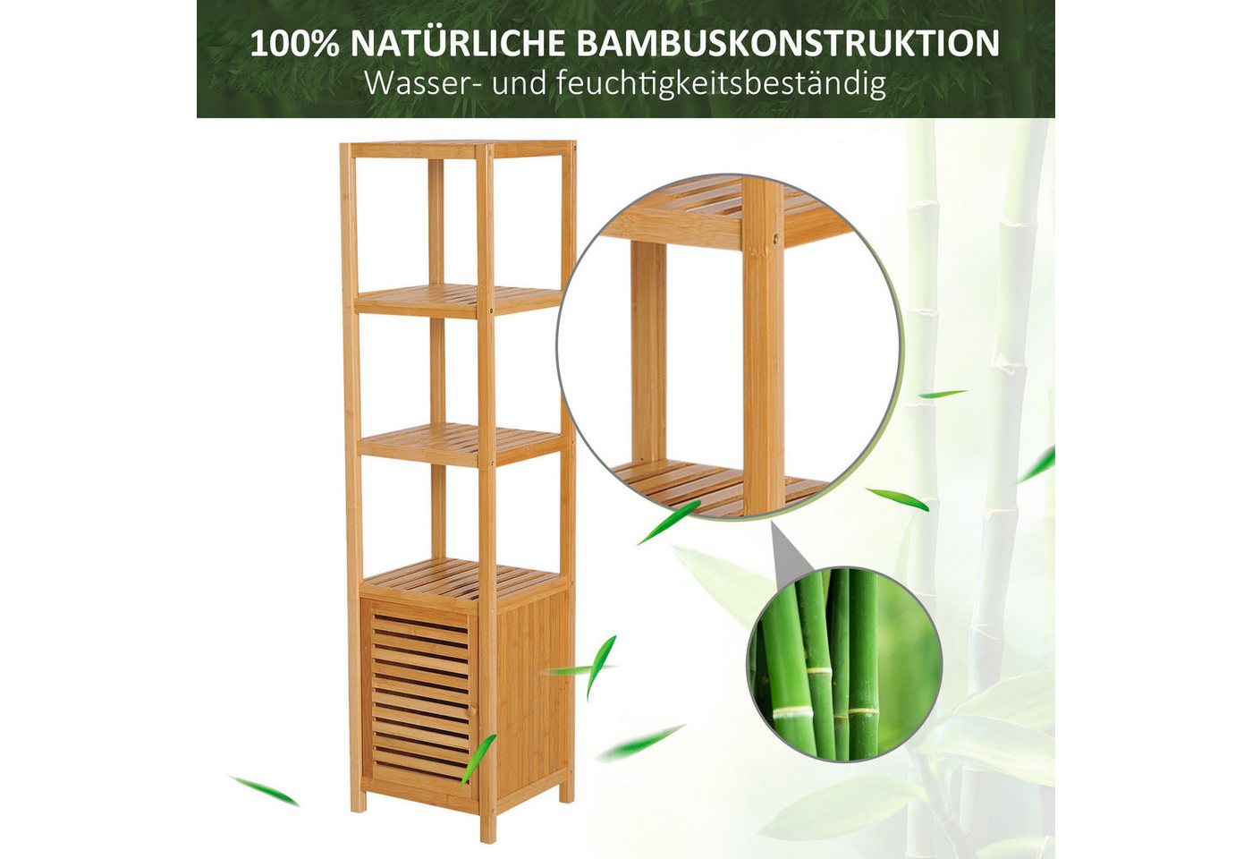 HOMCOM Badregal Badezimmerschrank schmal, Hochschrank mit 3 offenen Fächern, Aufbewahrungsschrank 1-tlg., Naturholz 36 x 33 x 140 cm – Bild 5 von 5