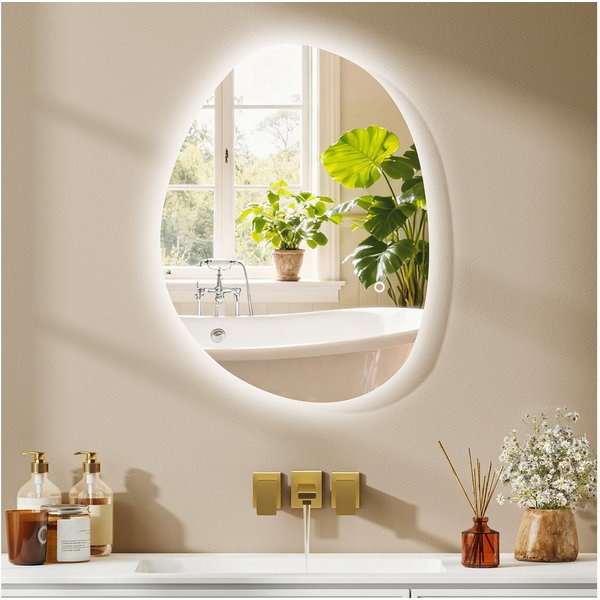 HOMCOM Badspiegel Beleuchtung, 3 Lichtfarben, Touch-Schalter, asymmetrisch (Beschlagfrei Wandspiegel, 1-St., Asymmetrischer Badezimmerspiegel), Wandspiegel IP44