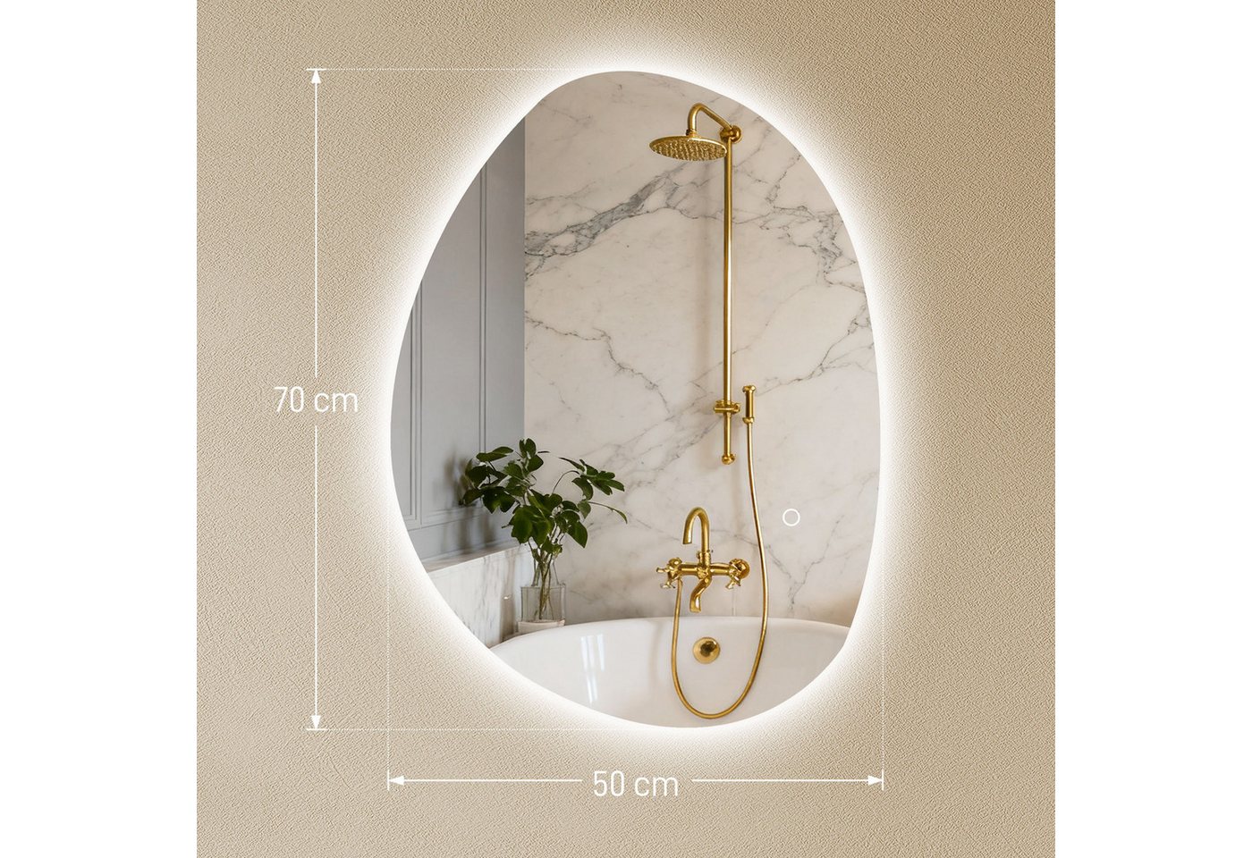 HOMCOM Badspiegel Beleuchtung, 3 Lichtfarben, Touch-Schalter, asymmetrisch (Beschlagfrei Wandspiegel, 1-St., Asymmetrischer Badezimmerspiegel), Wandspiegel IP44 – Bild 3 von 5