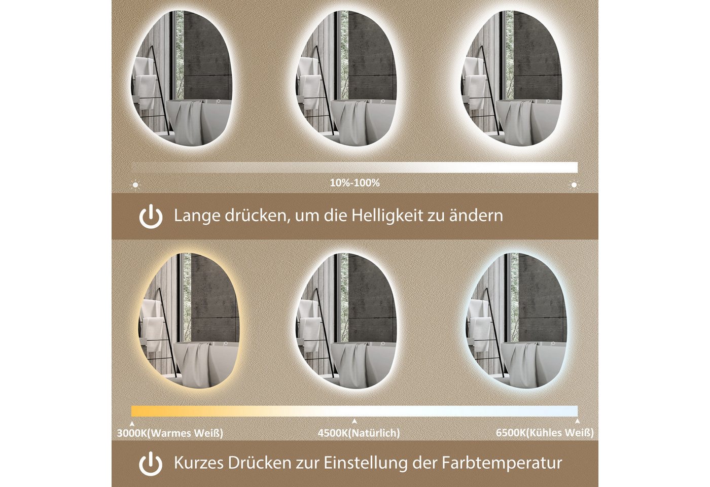 HOMCOM Badspiegel Beleuchtung, 3 Lichtfarben, Touch-Schalter, asymmetrisch (Beschlagfrei Wandspiegel, 1-St., Asymmetrischer Badezimmerspiegel), Wandspiegel IP44 – Bild 4 von 5
