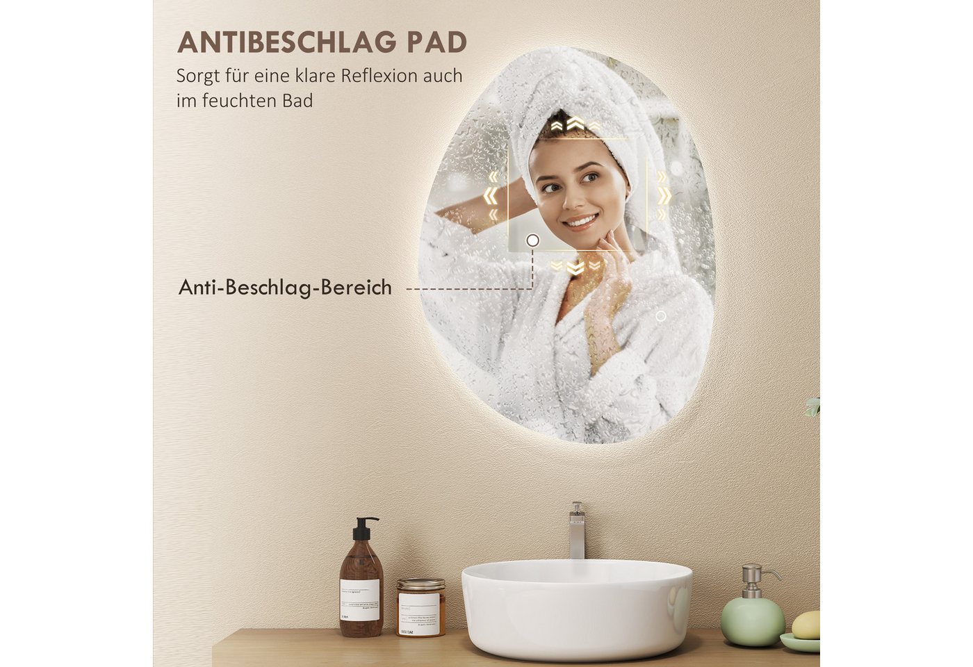 HOMCOM Badspiegel Beleuchtung, 3 Lichtfarben, Touch-Schalter, asymmetrisch (Beschlagfrei Wandspiegel, 1-St., Asymmetrischer Badezimmerspiegel), Wandspiegel IP44 – Bild 5 von 5