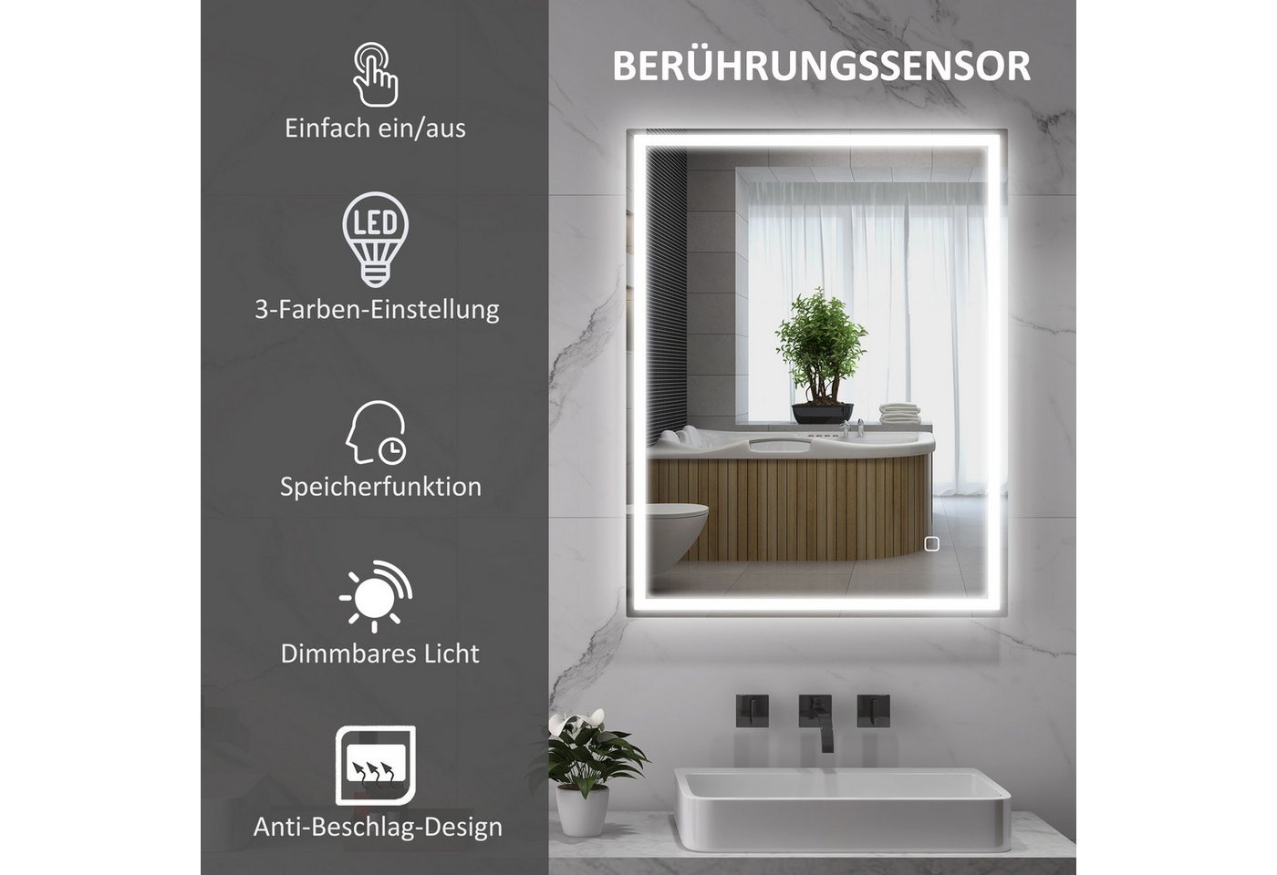 HOMCOM Badspiegel Beschlagfrei, mit 3 Lichtfarben, Touchschalter (LED Spiegel mit Memory-Funktion, 1-St., Badezimmerspiegel mit Beleuchtung), 90 x 70 cm, für Ba – Bild 4 von 5