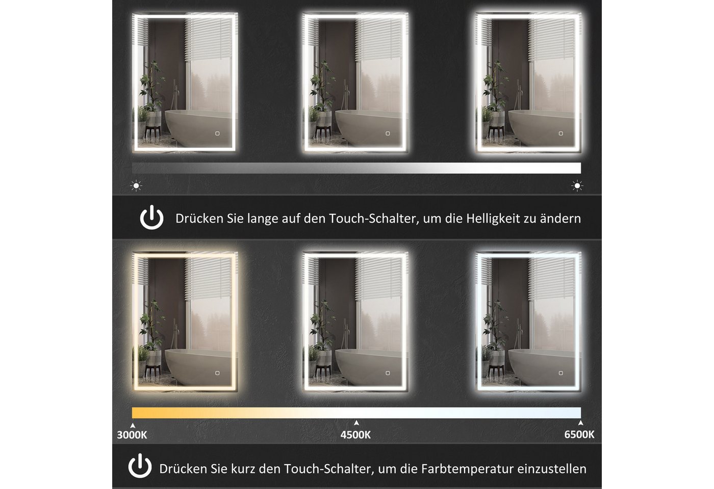 HOMCOM Badspiegel Beschlagfrei, mit 3 Lichtfarben, Touchschalter (LED Spiegel mit Memory-Funktion, 1-St., Badezimmerspiegel mit Beleuchtung), 90 x 70 cm, für Ba – Bild 5 von 5