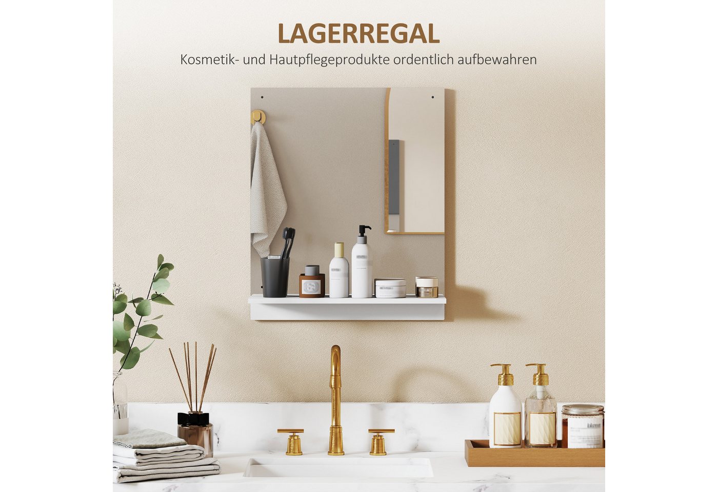 HOMCOM Badspiegel Regal für Eingangsbereich, Flur (Wandspiegel, 1-St., Badezimmerspiegel), für Badezimmer, Weiß – Bild 4 von 5