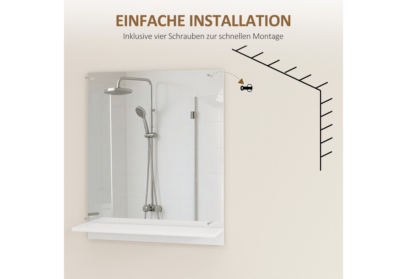 HOMCOM Badspiegel Regal für Eingangsbereich, Flur (Wandspiegel, 1-St., Badezimmerspiegel), für Badezimmer, Weiß – Bild 5 von 5