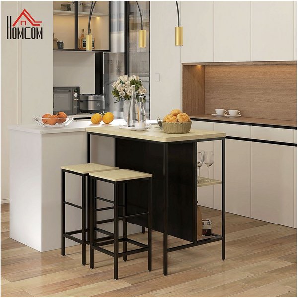 HOMCOM Bargruppe Barhocker Set, Essgruppe mit 2 Barhocker, 2 Ablage, Stahl, Eiche, (Küchentisch, 3-tlg., Bartisch), für Essenzimmer, Schwarz