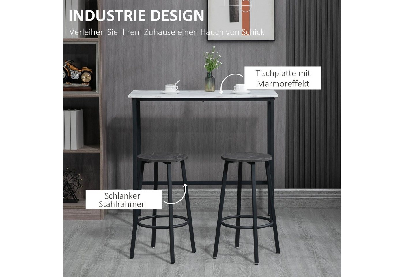 HOMCOM Bargruppe Bartisch mit Barhocker Set, 3-teiliges Bartisch Set für Esszimmer, (3-tlg) – Bild 5 von 5