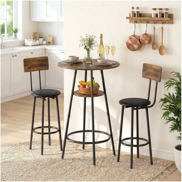 HOMCOM Bargruppe Bartisch mit Barhocker-Set Esstisch mit 2 Gepolsterten Stühlen, (Set, 3-tlg., 1 Tisch, 2 Hocker), Gepolsterte Barhocker, offene Ablage, platzsp