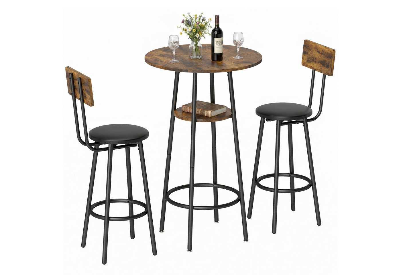 HOMCOM Bargruppe Bartisch mit Barhocker-Set Esstisch mit 2 Gepolsterten Stühlen, (Set, 3-tlg., 1 Tisch, 2 Hocker), Gepolsterte Barhocker, offene Ablage, platzsp – Bild 2 von 5