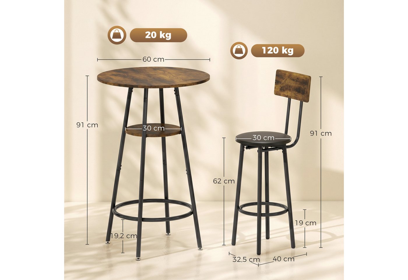 HOMCOM Bargruppe Bartisch mit Barhocker-Set Esstisch mit 2 Gepolsterten Stühlen, (Set, 3-tlg., 1 Tisch, 2 Hocker), Gepolsterte Barhocker, offene Ablage, platzsp – Bild 3 von 5