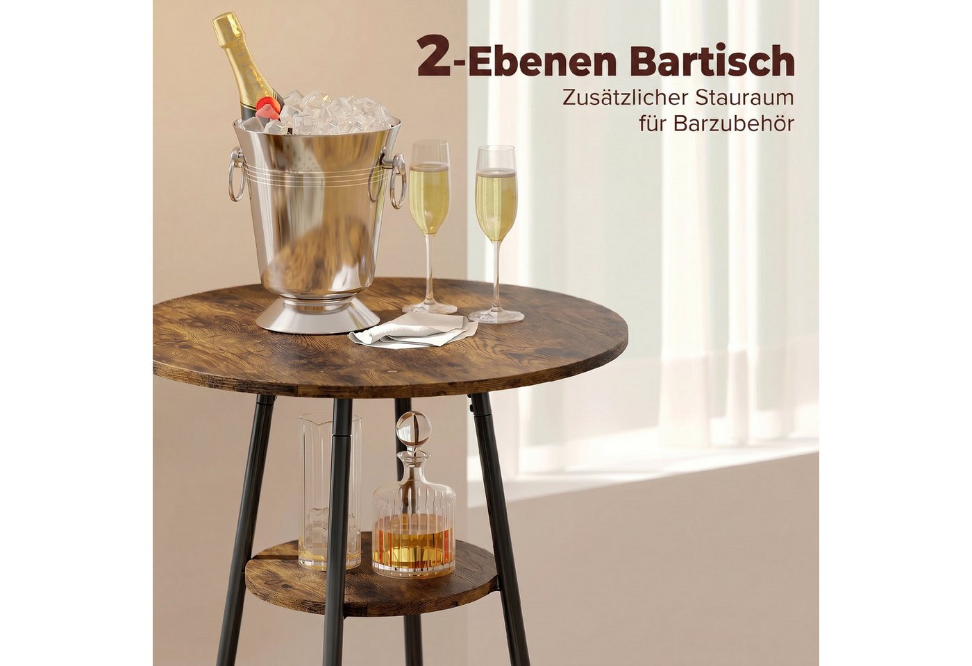 HOMCOM Bargruppe Bartisch mit Barhocker-Set Esstisch mit 2 Gepolsterten Stühlen, (Set, 3-tlg., 1 Tisch, 2 Hocker), Gepolsterte Barhocker, offene Ablage, platzsp – Bild 4 von 5